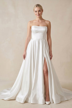 Strapless A-Line Satin Wedding Dress with Slit in White