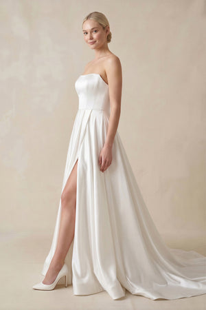 Strapless A-Line Satin Wedding Dress with Slit in White
