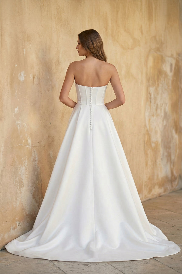 Strapless A Line Satin Wedding Dress With Slit in White - SHE IS ME Wedding Dresses