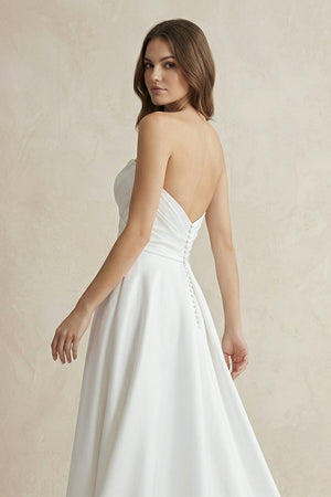 Strapless A Line Satin Wedding Dress With Slit in White - SHE IS ME Wedding Dresses