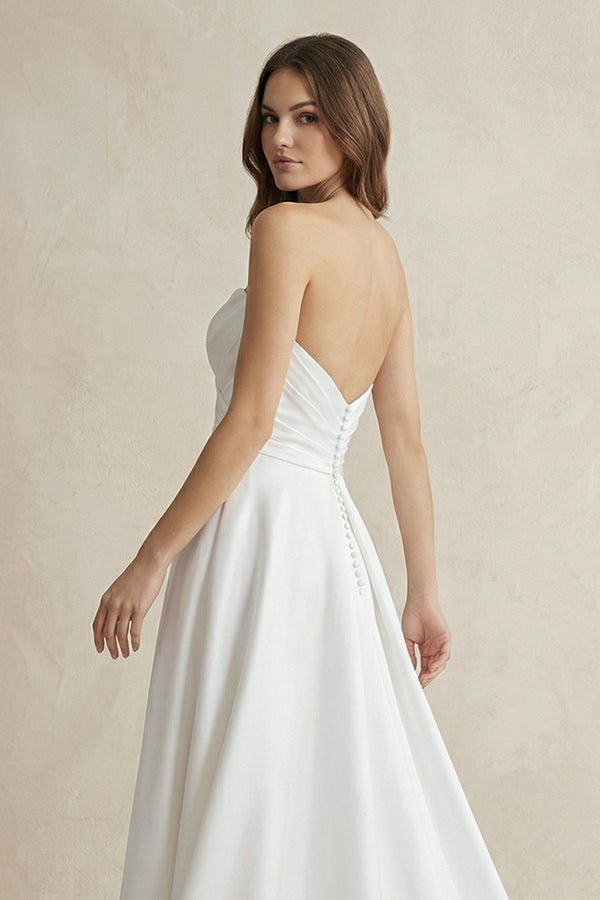 Strapless A Line Satin Wedding Dress With Slit in White - SHE IS ME Wedding Dresses
