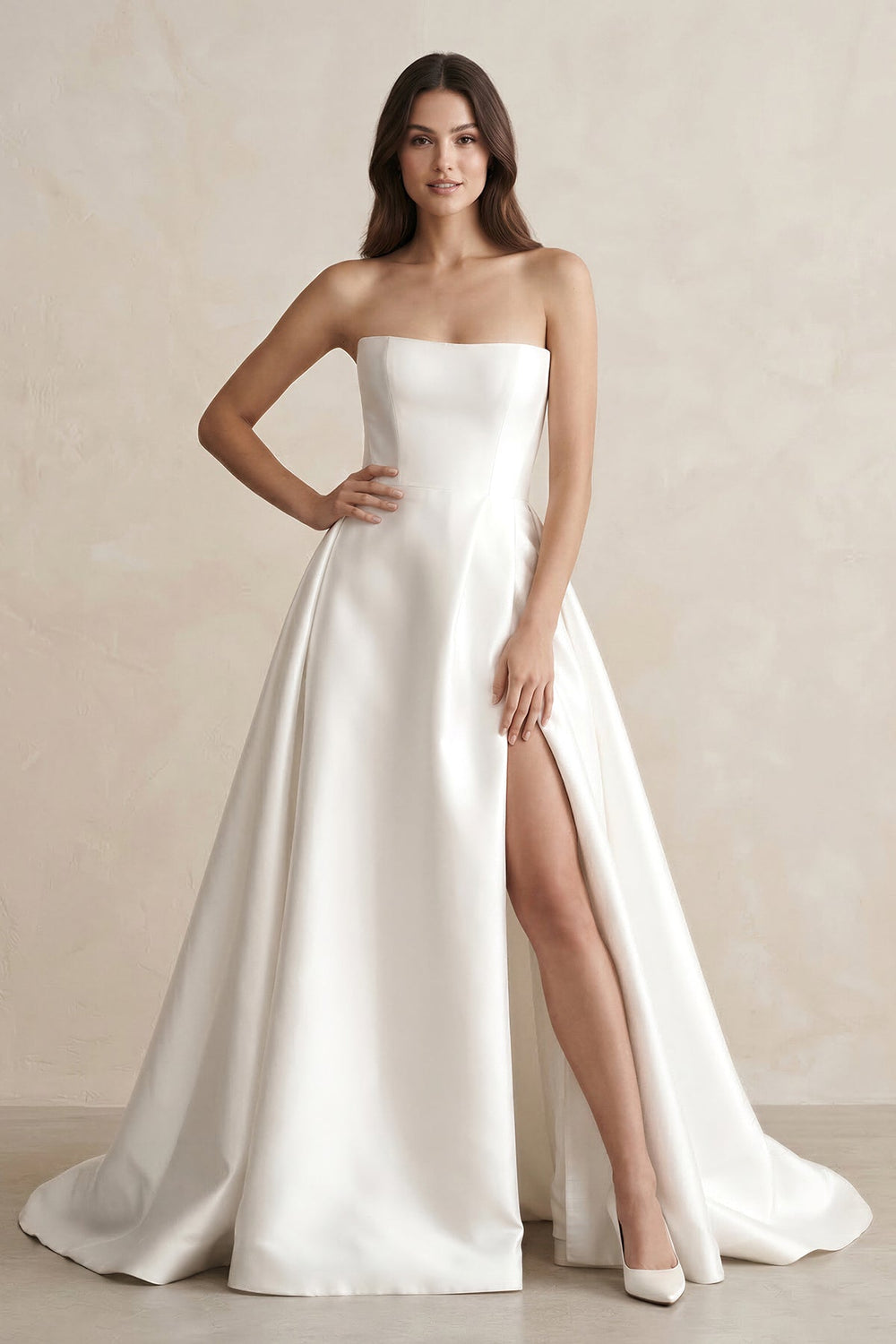 Strapless A - Line Satin Wedding Dress with Slit in White - SHE IS ME Wedding Dresses