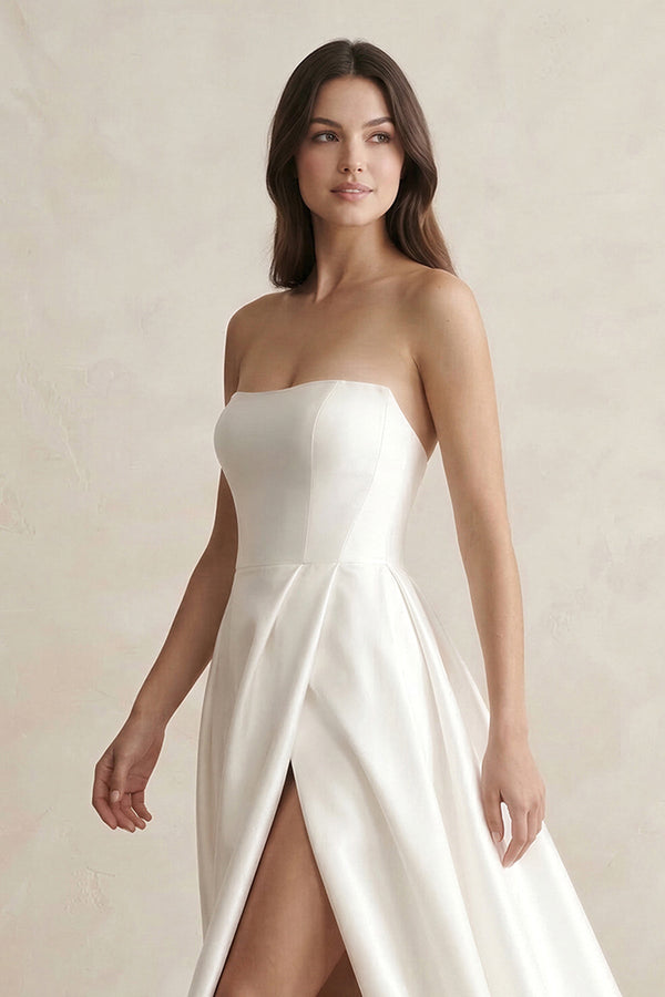 Strapless A - Line Satin Wedding Dress with Slit in White - SHE IS ME Wedding Dresses