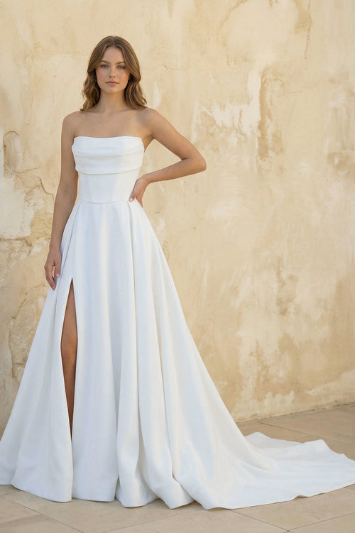 Strapless A Line Satin Wedding Dress With Slit in White - SHE IS ME Wedding Dresses
