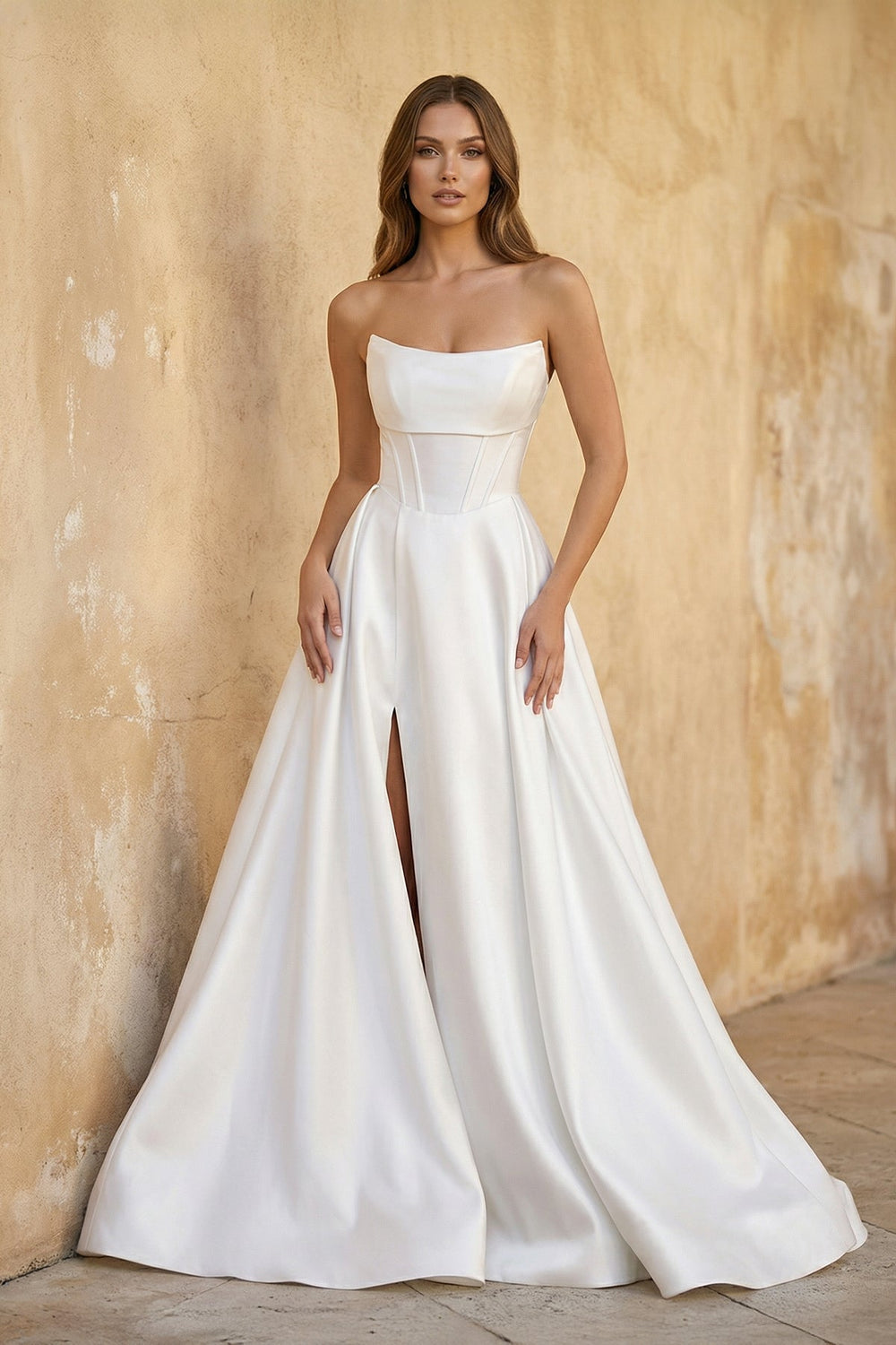 Strapless A Line Satin Wedding Dress With Slit in White - SHE IS ME Wedding Dresses