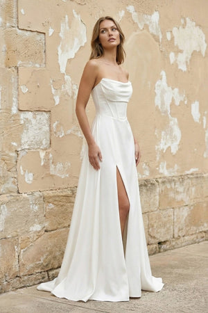 Strapless A Line Satin Wedding Dress With Slit in White - SHE IS ME Wedding Dresses