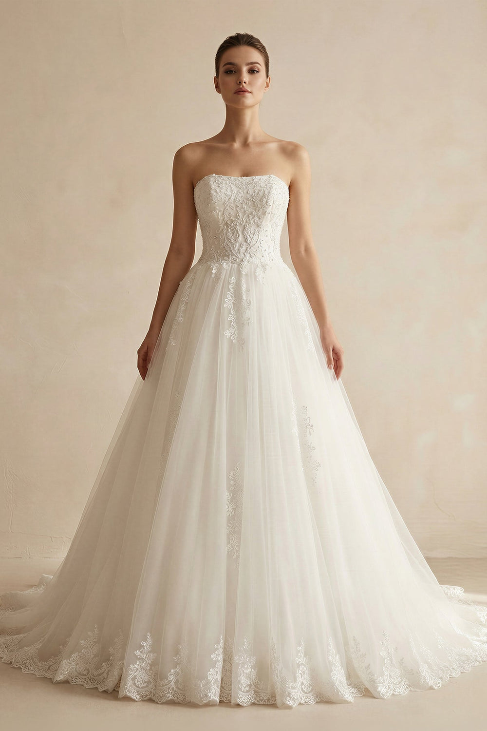 Strapless A Line Tulle Wedding Dress With Appliques in Ivory - SHE IS ME Wedding Dresses