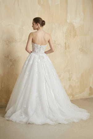 Strapless A Line Tulle Wedding Dress With Appliques in White - SHE IS ME Wedding Dresses