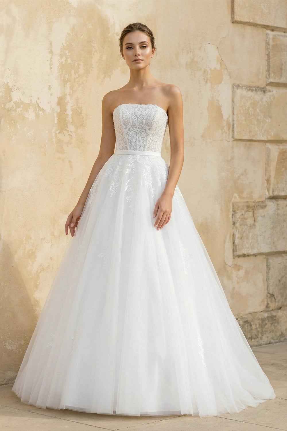 Strapless A Line Tulle Wedding Dress With Appliques in White - SHE IS ME Wedding Dresses