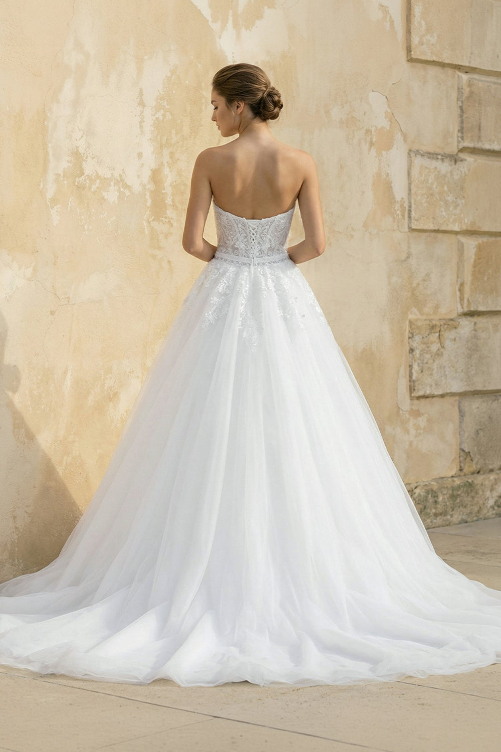 Strapless A Line Tulle Wedding Dress With Appliques in White - SHE IS ME Wedding Dresses