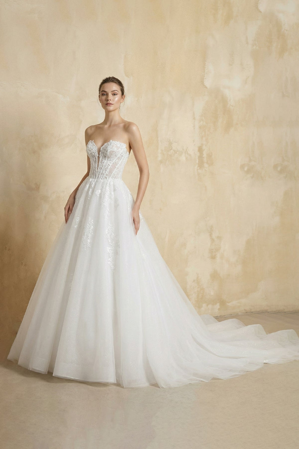 Strapless A Line Tulle Wedding Dress With Appliques in White - SHE IS ME Wedding Dresses
