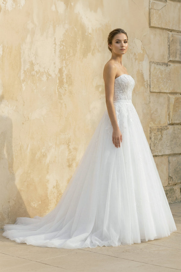 Strapless A Line Tulle Wedding Dress With Appliques in White - SHE IS ME Wedding Dresses