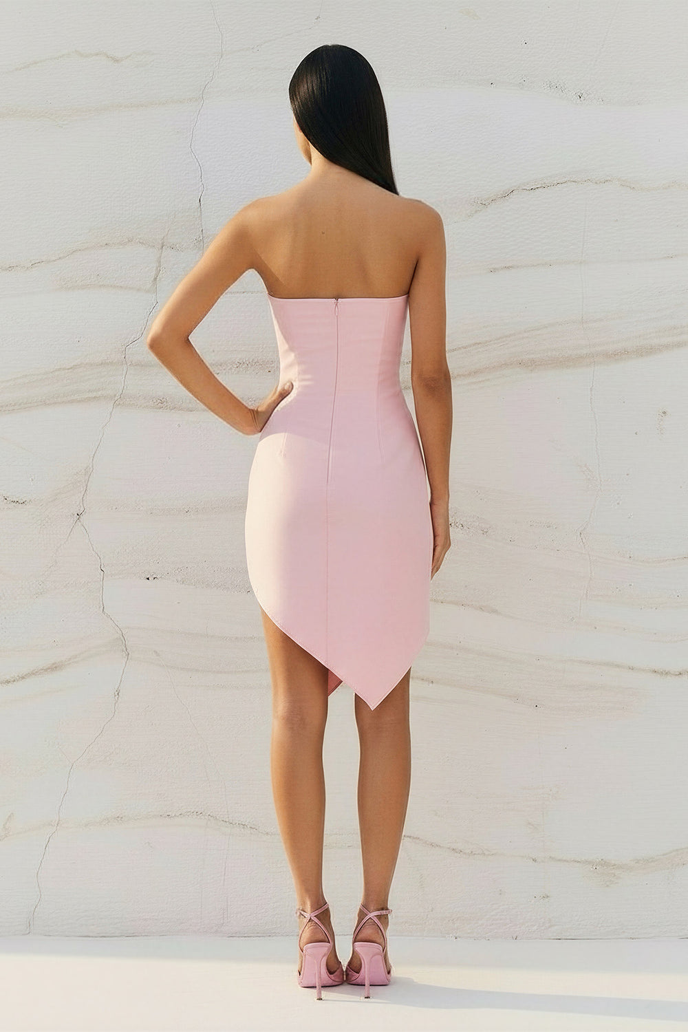 Sheisme - Strapless Asymmetric Hem Mini Dress in Pink
