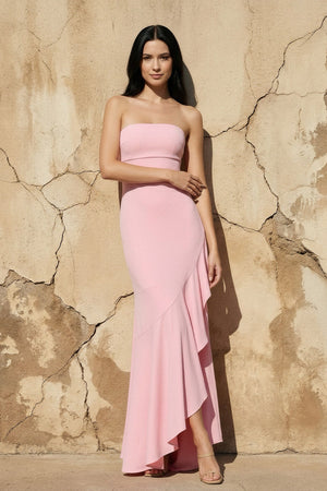 Strapless Asymmetrical Ruffled Maxi Dress in Pink - SHE IS ME Prom Dresses