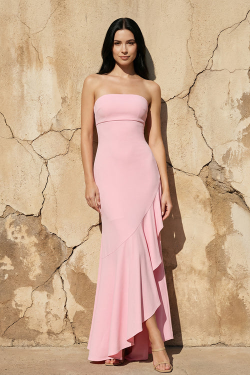 Sheisme-Pink Strapless Ruffled Asymmetric Sheath Evening Formal Dress