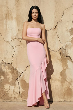 Sheisme-Pink Strapless Ruffled Asymmetric Sheath Evening Formal Dress
