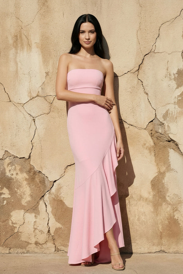 Sheisme-Pink Strapless Ruffled Asymmetric Sheath Evening Formal Dress