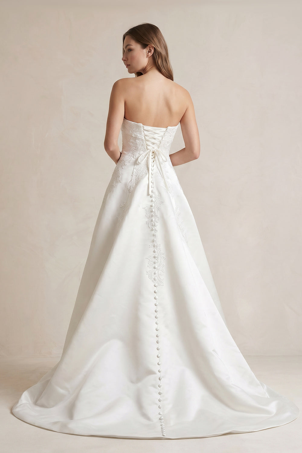 Strapless A Line Satin Wedding Dress With Appliques in Ivory - SHE IS ME Wedding Dresses