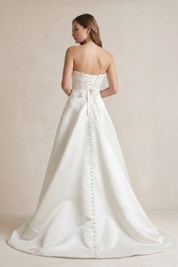 Strapless A Line Satin Wedding Dress With Appliques in Ivory - SHE IS ME Wedding Dresses