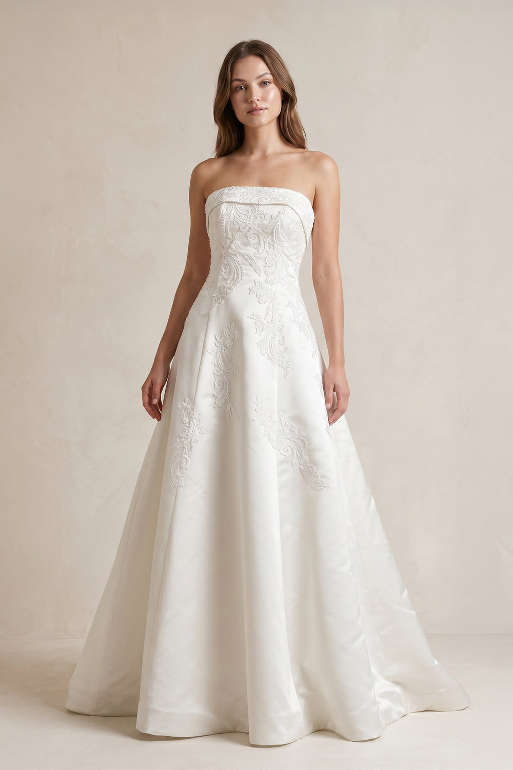 Strapless A Line Satin Wedding Dress With Appliques in Ivory - SHE IS ME Wedding Dresses
