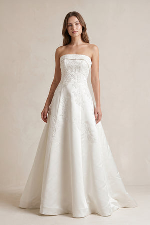 Strapless A Line Satin Wedding Dress With Appliques in Ivory - SHE IS ME Wedding Dresses
