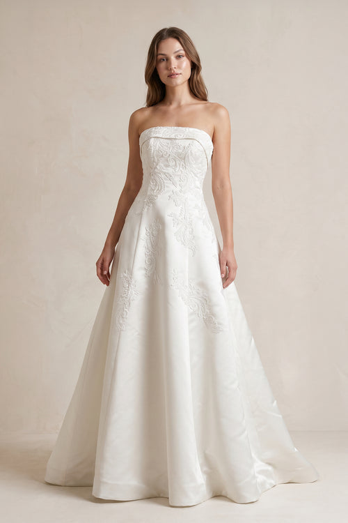 Strapless A Line Satin Wedding Dress With Appliques in Ivory - SHE IS ME Wedding Dresses