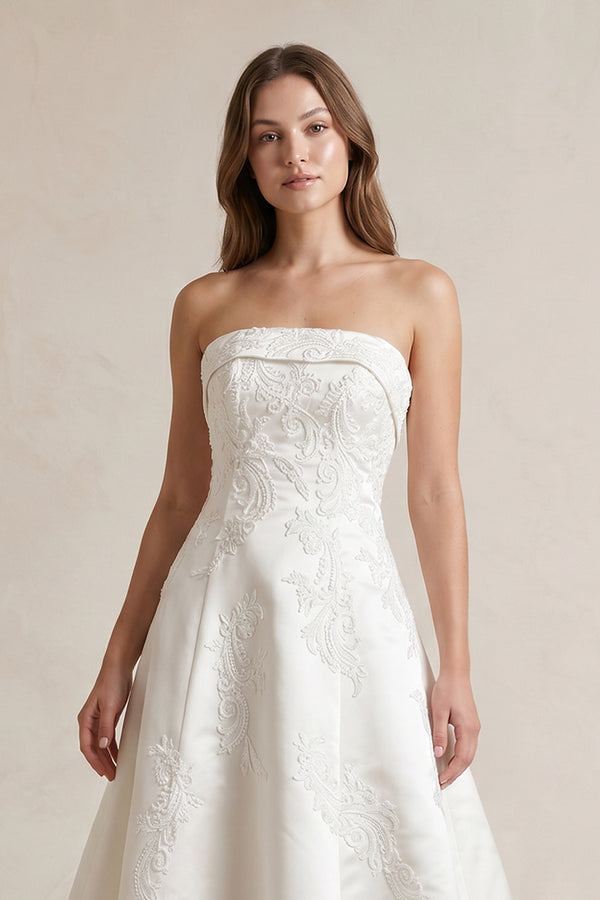 Strapless A Line Satin Wedding Dress With Appliques in Ivory - SHE IS ME Wedding Dresses
