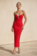 Strapless Beaded Midi Dress in Red - SHE IS ME