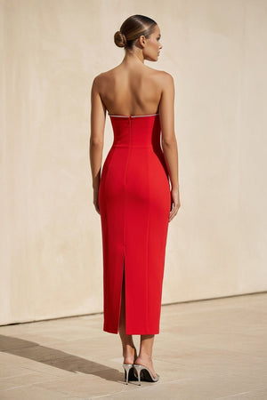 Strapless Beaded Midi Dress in Red - SHE IS ME
