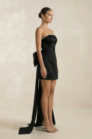 Strapless Beaded Satin Mini Wedding Dress With Back Bow in Black - SHE IS ME Wedding Dresses