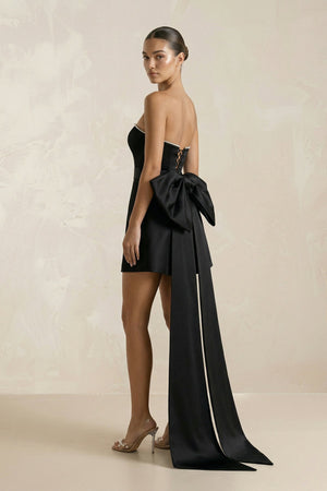 Strapless Beaded Satin Mini Wedding Dress With Back Bow in Black - SHE IS ME Wedding Dresses