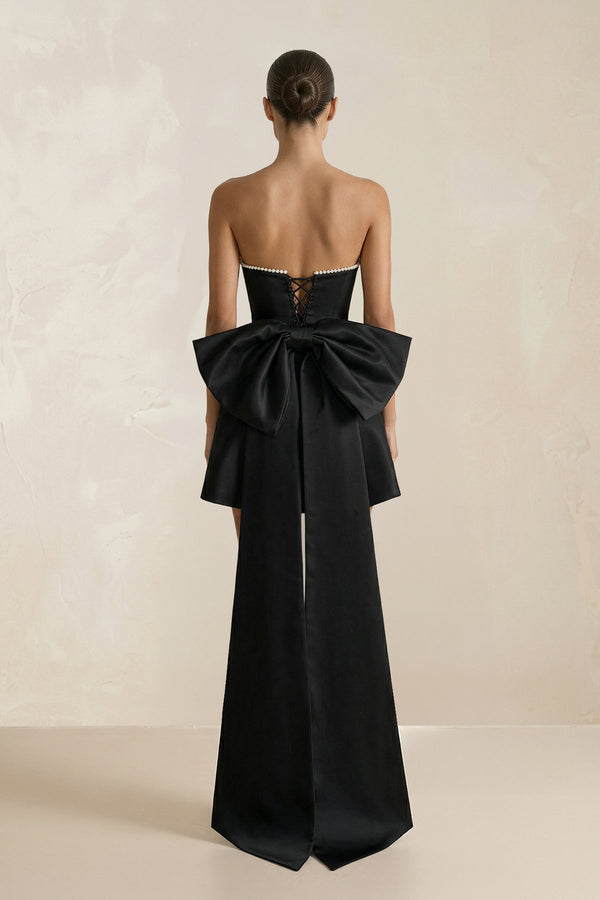 Strapless Beaded Satin Mini Wedding Dress With Back Bow in Black - SHE IS ME Wedding Dresses