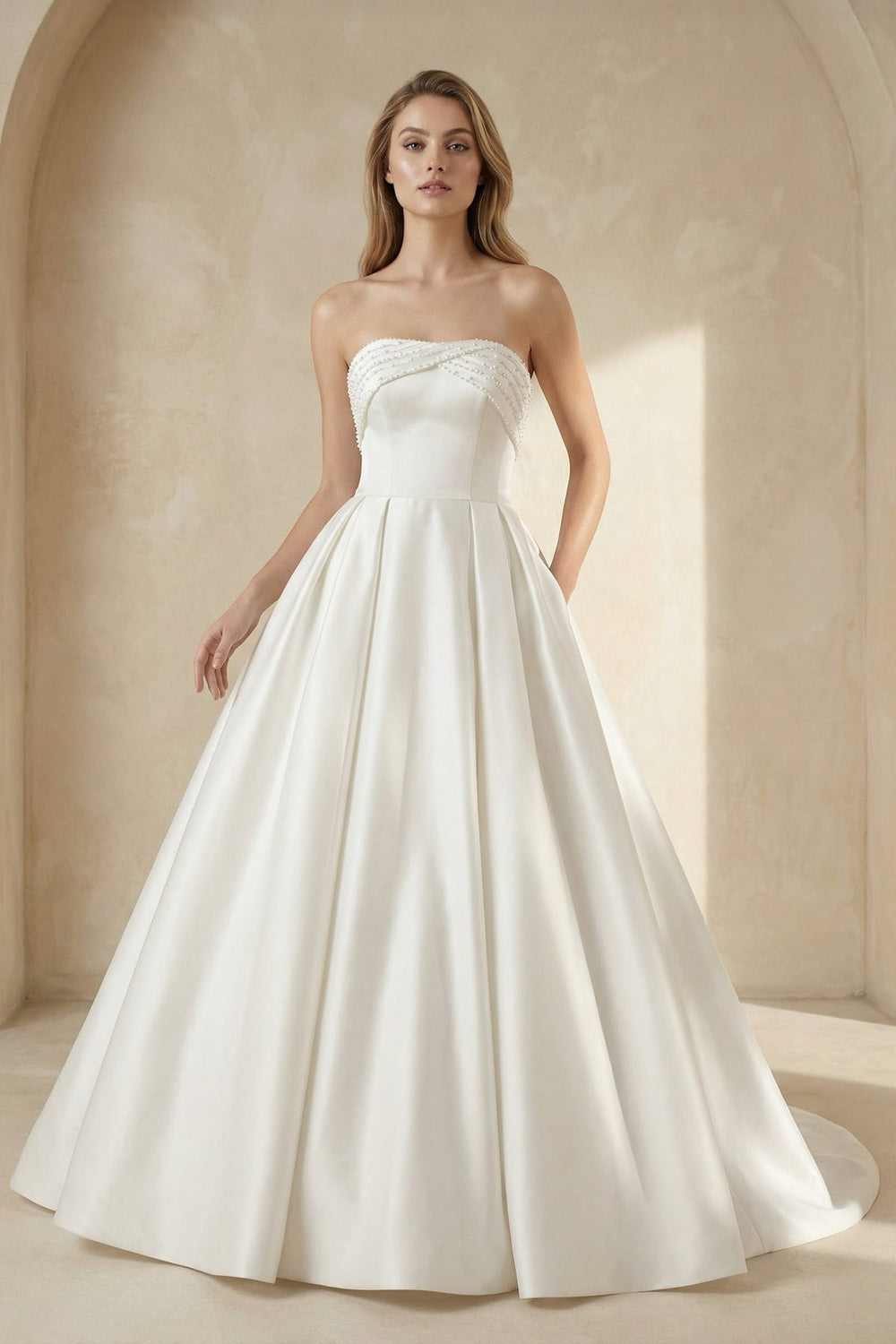 Strapless Bow - Back Pearls A - Line Wedding Dresses in White - SHE IS ME Wedding Dresses