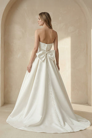 Strapless Bow - Back Pearls A - Line Wedding Dresses in White - SHE IS ME Wedding Dresses