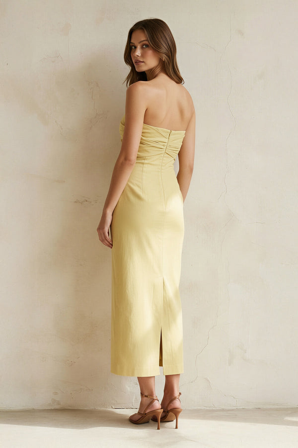 Strapless Bow - Front Midi Dress in Yellow - SHE IS ME