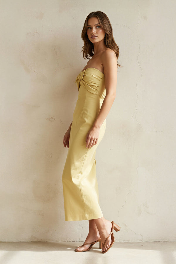 Strapless Bow - Front Midi Dress in Yellow - SHE IS ME