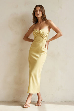 Strapless Bow - Front Midi Dress in Yellow - SHE IS ME