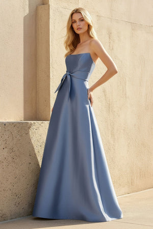 Strapless Bow Gown With Pockets in Steel Blue - SHE IS ME