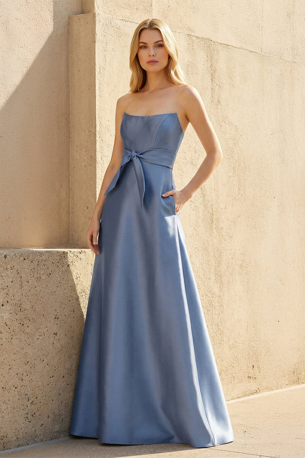 Strapless Bow Gown With Pockets in Steel Blue - SHE IS ME