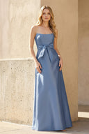 Strapless Bow Gown With Pockets in Steel Blue - SHE IS ME