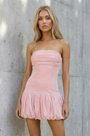 Strapless Bubble Hem Open Back Mini Dress in Pink - SHE IS ME