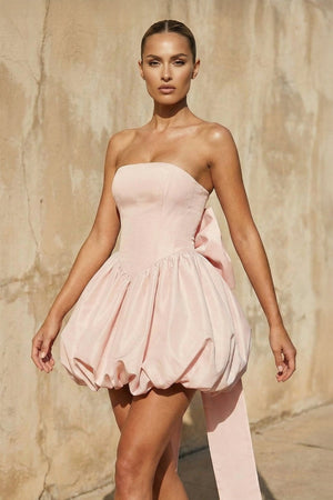 Strapless Bubble Mini Dress With Bow in Pink - SHE IS ME