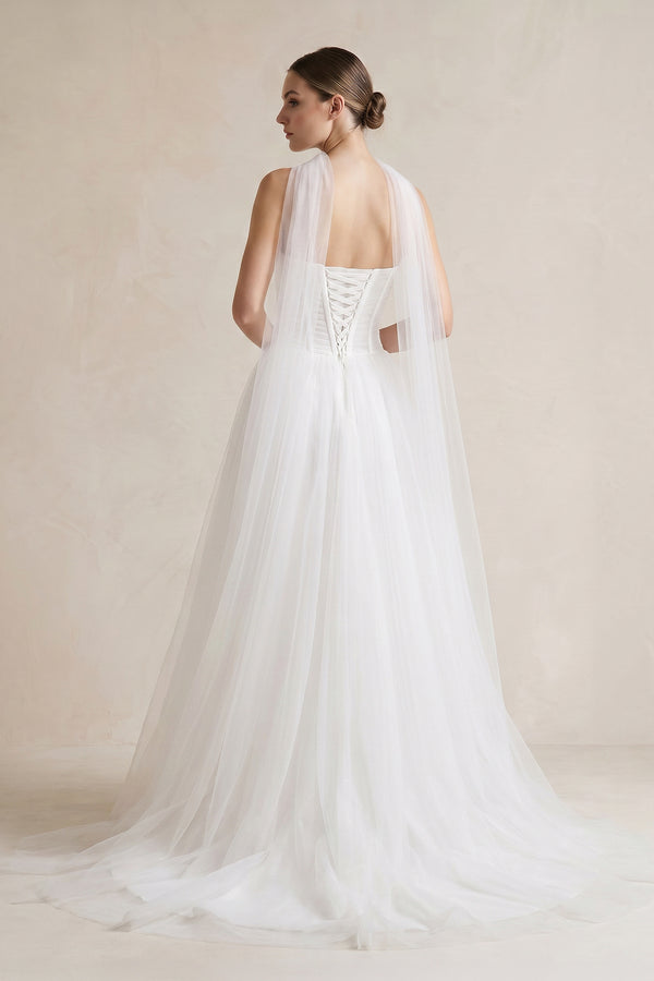 Strapless Chiffon A - Line Pleated Scarf Wedding Dress in Ivory - SHE IS ME Wedding Dresses