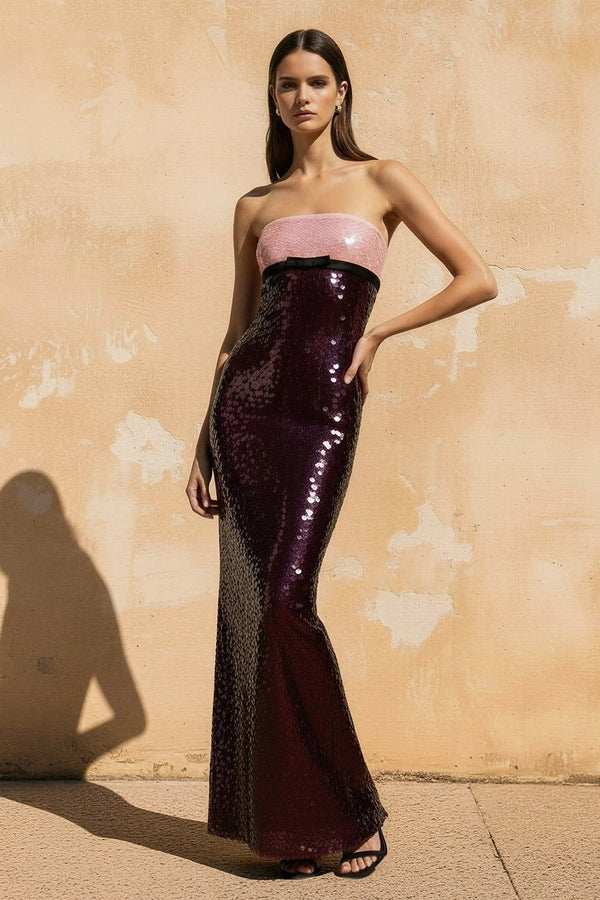 Strapless Colorblock Sequins Gown With Bow in Black and Pink - SHE IS ME
