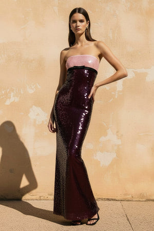 Sheisme-Pink Strapless Sequin Sheath Maxi Evening Formal Dress
