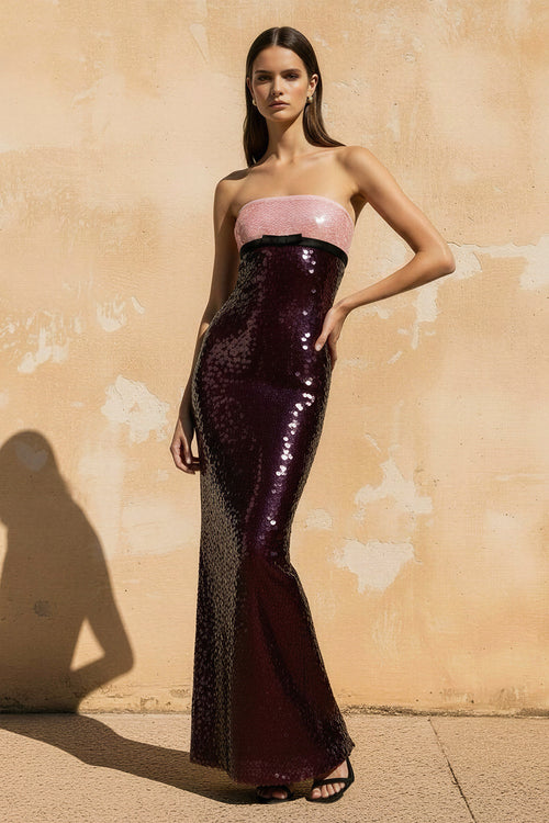 Sheisme-Pink Strapless Sequin Sheath Maxi Evening Formal Dress
