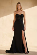Strapless Corset Gown With Appliques in Black - SHE IS ME