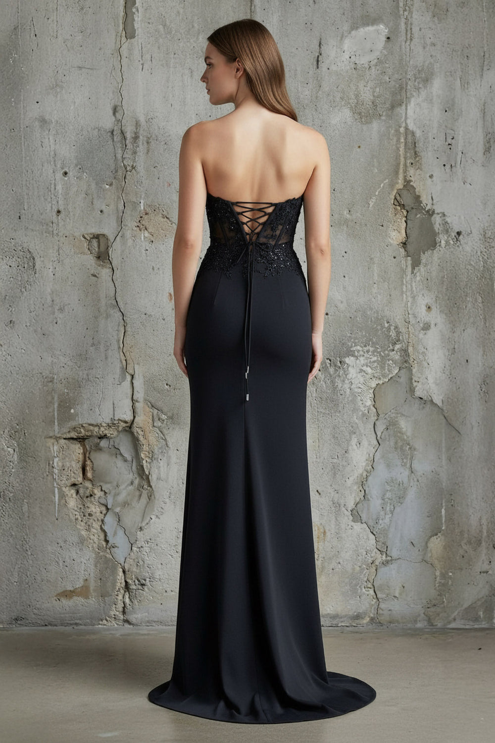 Sheisme-Black Stretch-Crepe Strapless Mermaid Maxi Dress with Sequins Appliques Slit Formal Evening Dress