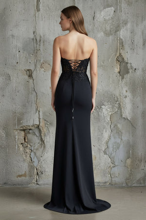 Sheisme-Black Stretch-Crepe Strapless Mermaid Maxi Dress with Sequins Appliques Slit Formal Evening Dress