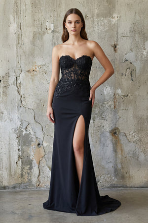 Sheisme-Black Stretch-Crepe Strapless Mermaid Maxi Dress with Sequins Appliques Slit Formal Evening Dress